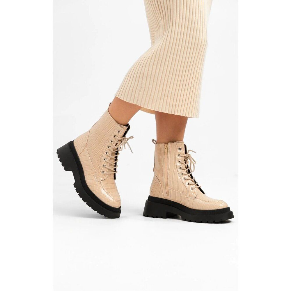 Topshop Kara Lace-Up Combat Boots Croc Embossed Beige Lug Sole Women’s 9.5 / 40 - Picture 13 of 15